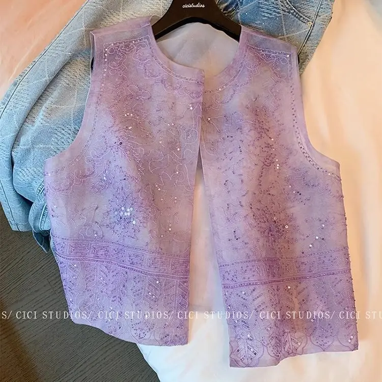 

2025 New Chinese Style Sequin Vest for Women Summer Elegant Heavy Beaded Design Fashion Cheongsam Inspired Sleeveless Outerwear