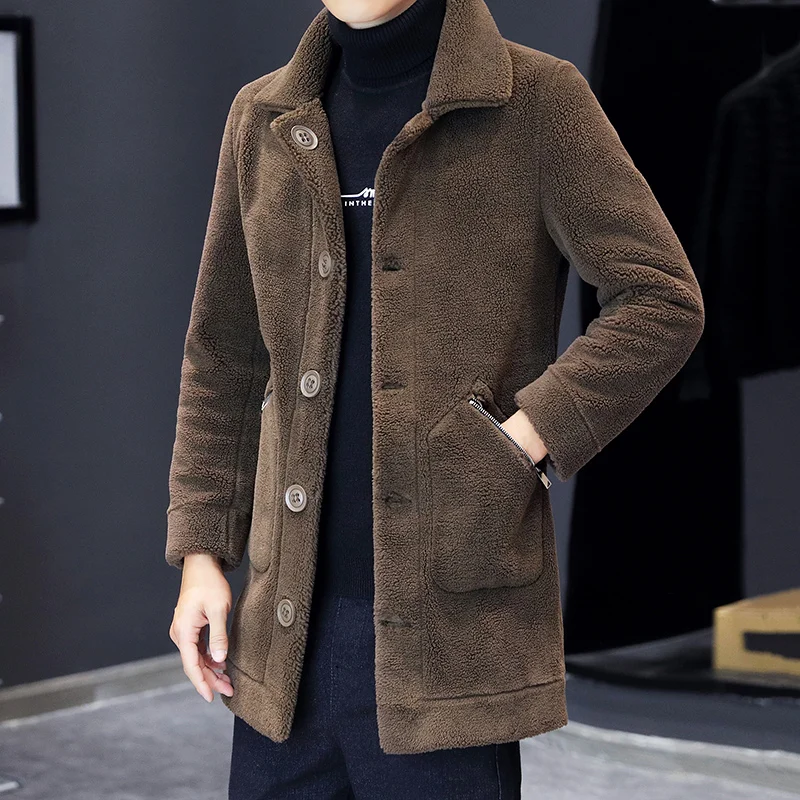 Casual Men\'s Plush Thicken Windbreaker Jackets Winter Outwear Double Side Wearable Warm Top Overcoat Mid-Length Fur Fleece Coats