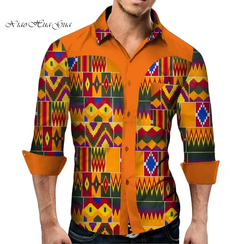 Plus Size African Print Shirt for Men Long Sleeve Dashiki Tops African Clothes Patchwork Casual Style Men Shirt WYN349