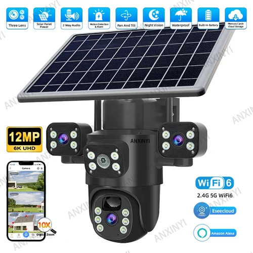Eseecloud 12MP tres lentes tres pantallas 2,4G 5G WiFi de doble banda PTZ seguridad con energía Solar CCTV WiFi cámara
