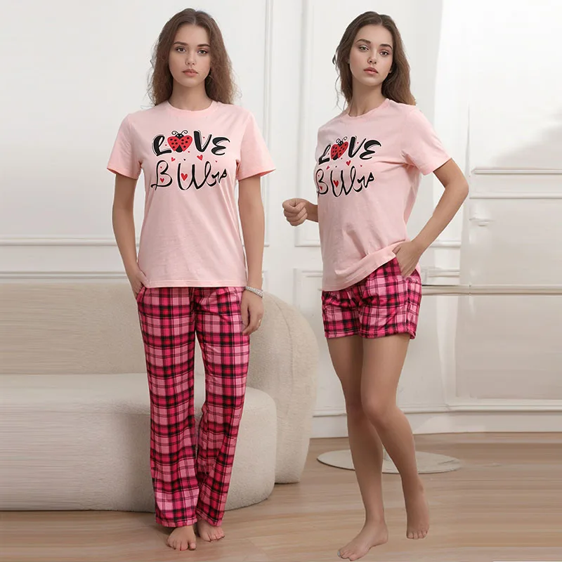 Fashionable European and American Pajamas Cross-Border Amazon Aliexpress Pink Round Neck Short-Sleeved Trousers Casual Home Three-Piece Suit