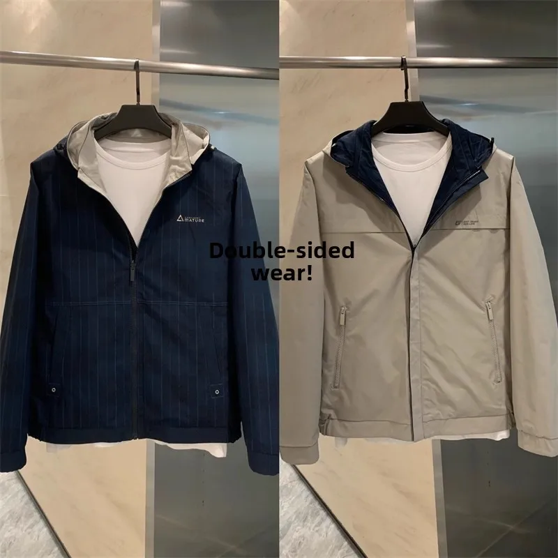 

Double-Sided Wear Men's Casual Hooded Jaet Stand Collar Removable Zipper Polyester Fiber Stand Fit Busin Sle
