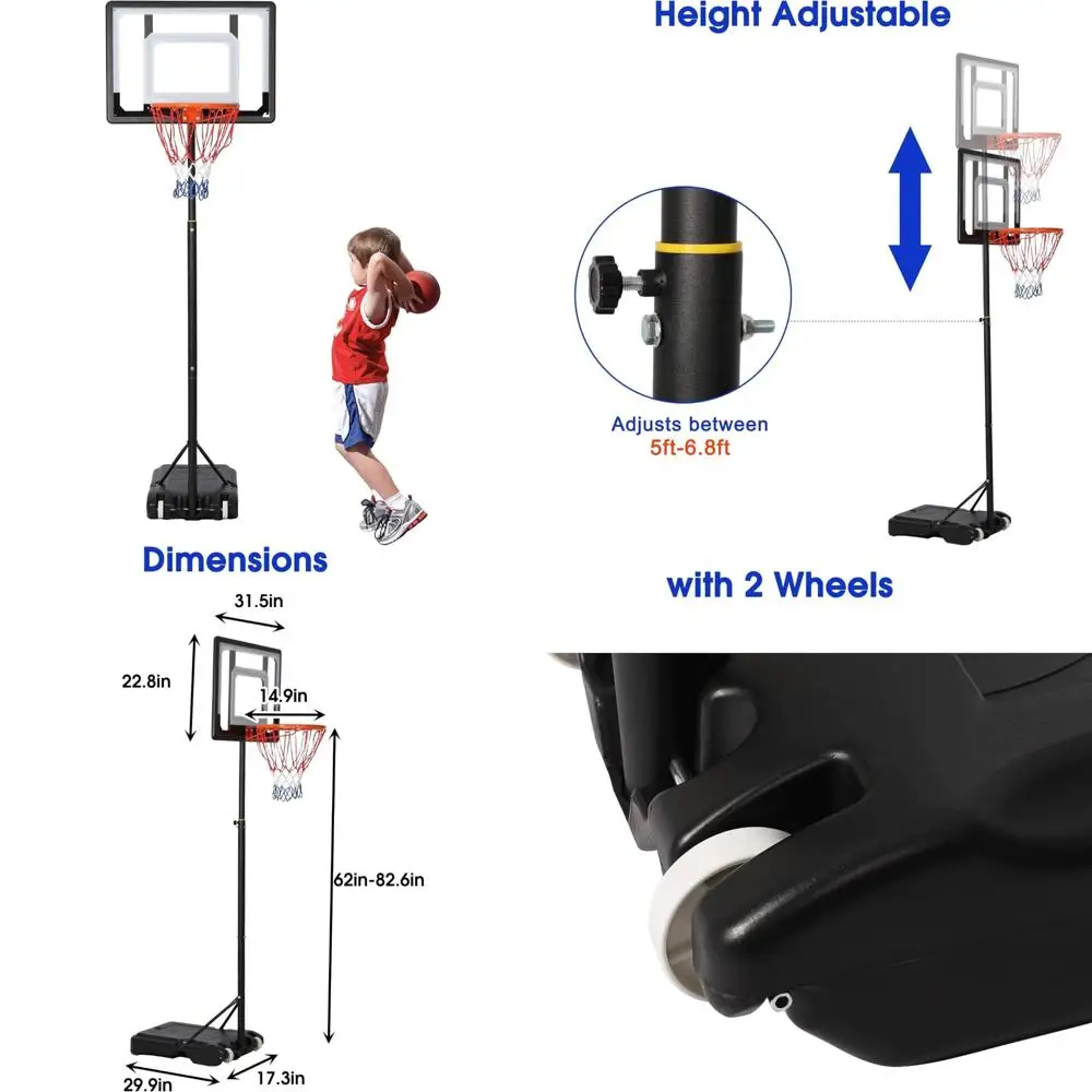 

Height-Adjustable Kids Basketball Hoop - Family-Friendly Indoor/Outdoor Goal System, 5ft to 6.8ft Adjustable
