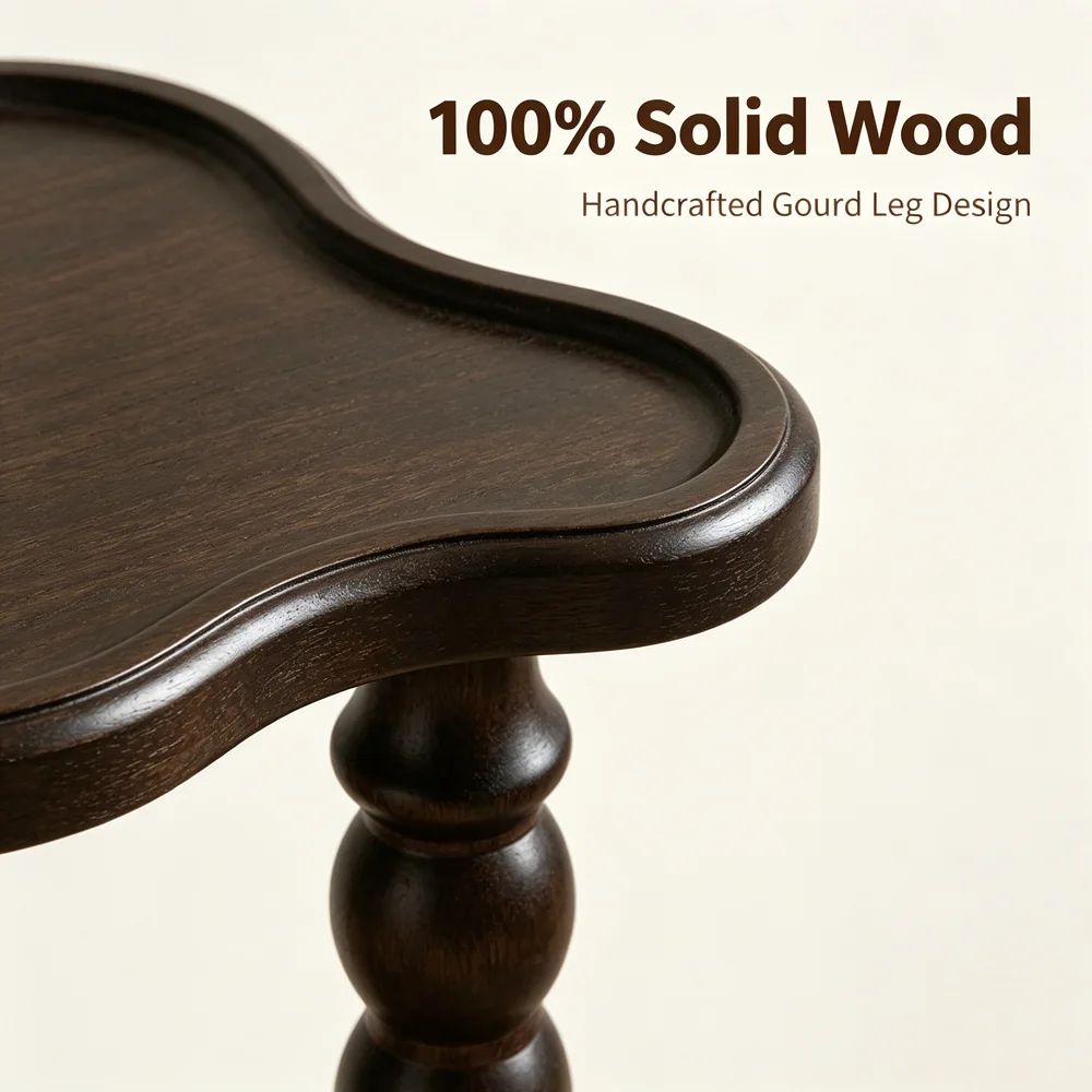 Solid Wood Gourd-Shaped Walnut Color Side Table Modern Irregular Top End Table Unique Accent Nightstand for Living Room Bedroom