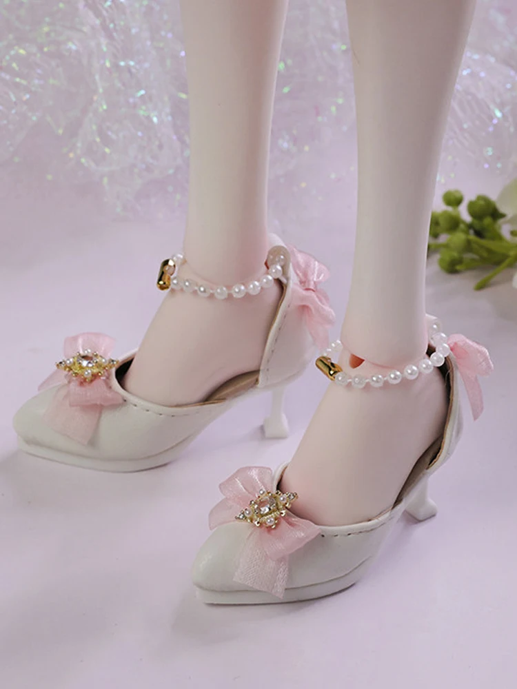 D09-P964  handmade toy 1/4 MDD MSD bjd/sd Doll shoes black pink Pearl string pointed high heels 1 pair