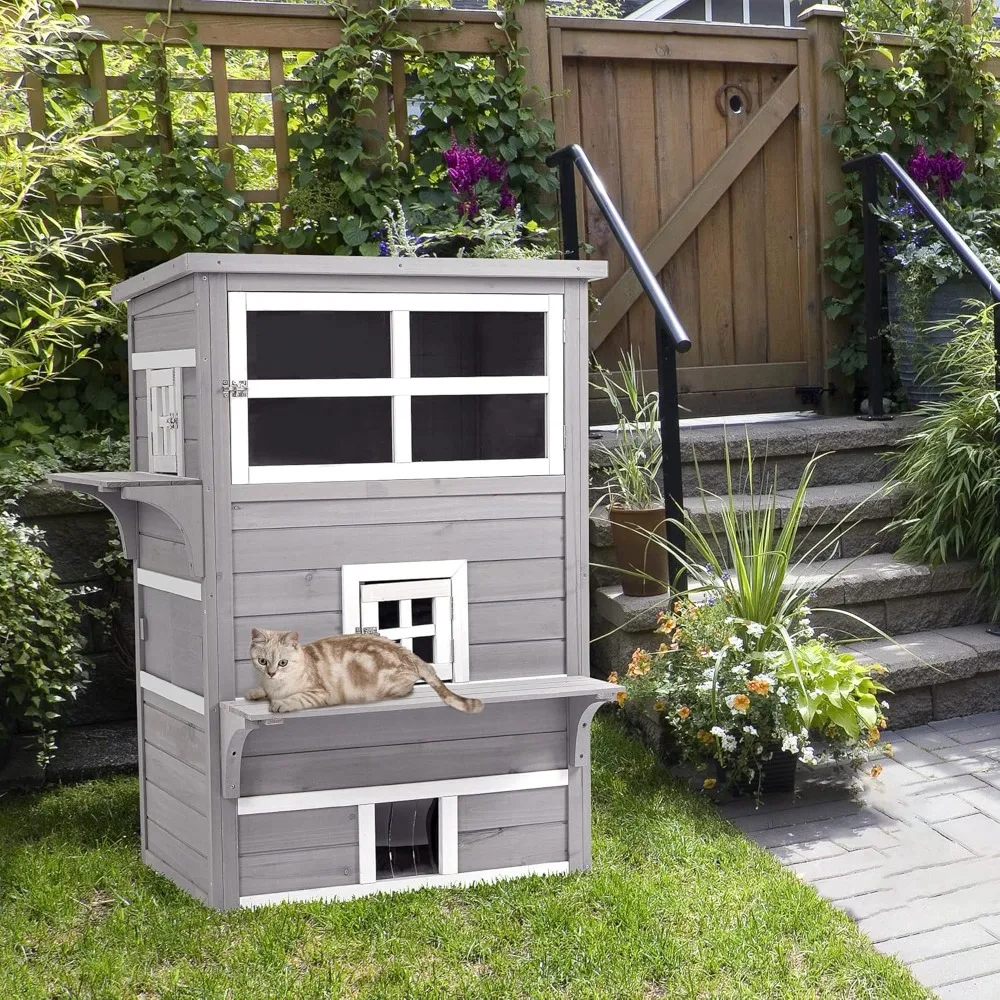 

3-Story Cat House Feral Cat Shelter, Outdoor Kitten Condo with Raised Floor, Asphalt Roof, Escape Doors, Jumping Platforms