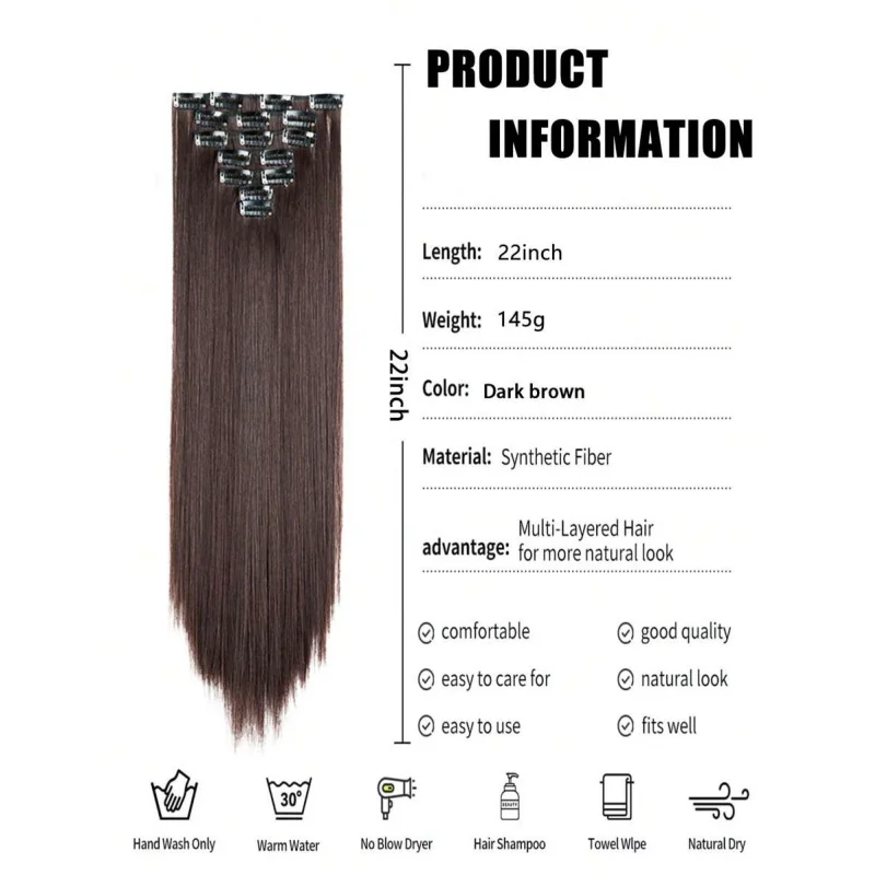 7pcs/Set 22 Inch Clip-In Synthetic Hair Extensions, Thick & Natural Looking Black Hair Pieces