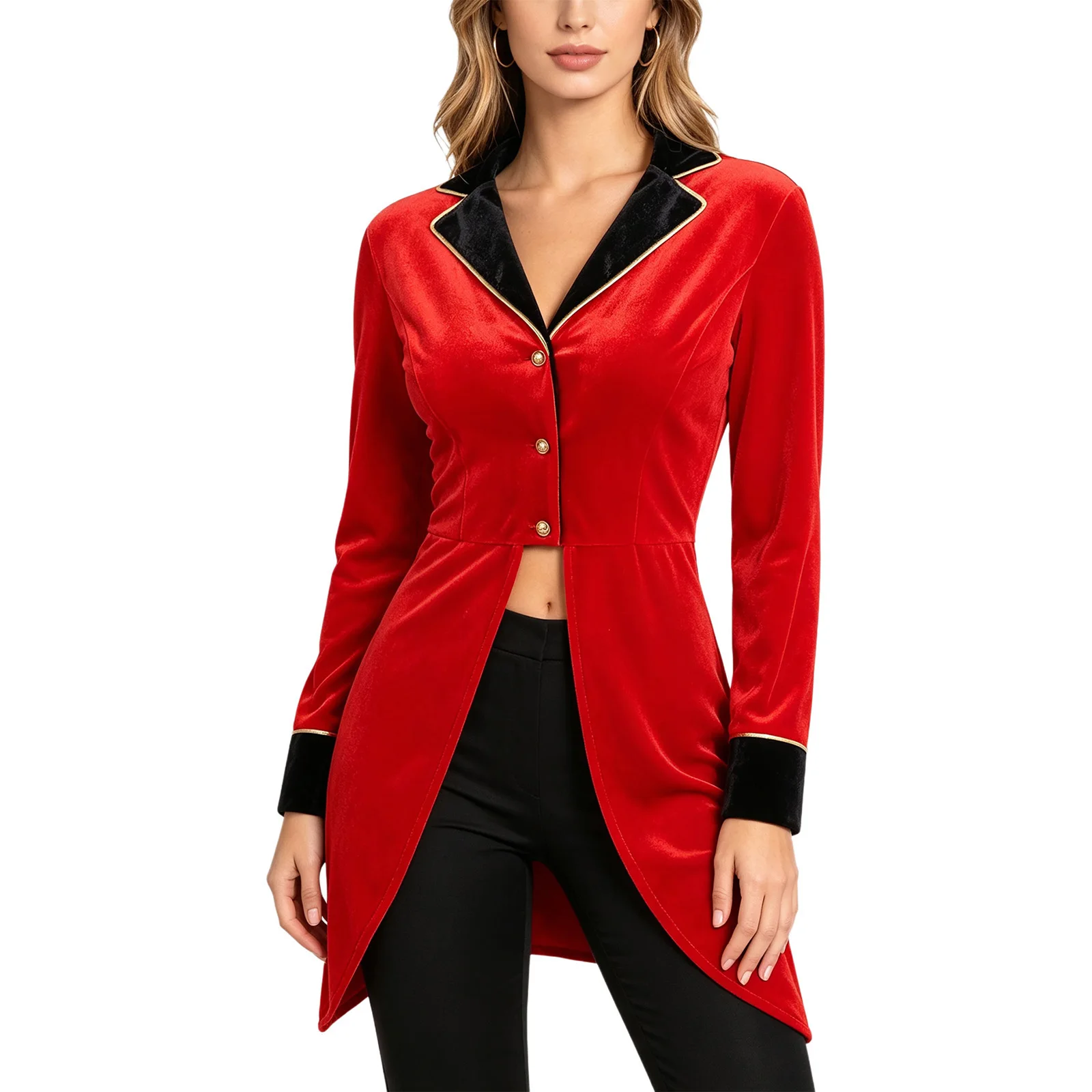 Women Circus Ringmaster Tailcoat Magician Cosplay Costume Velvet Long Sleeve Red Collar Stage Show Fancy Dress Coat Jacket Tops