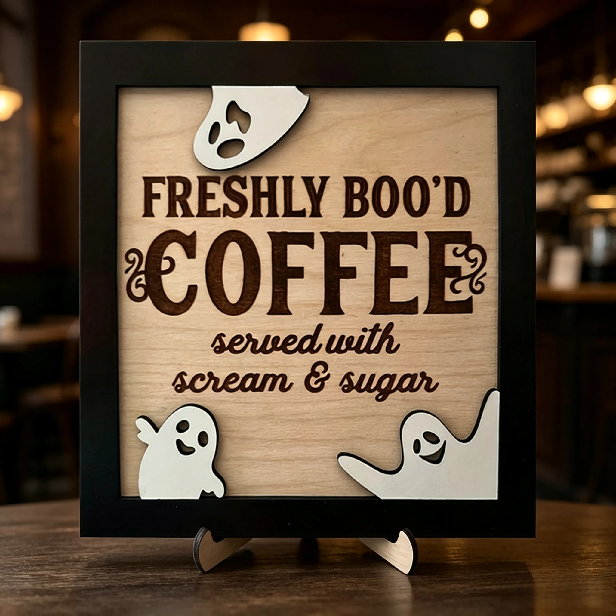 3D Double Wooden Coffee Sign, Fun Halloween Theme 'Fresh Boo Coffee', With Ghost Accent, Classic Home Decoration Style