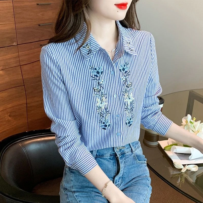 

Women Striped Long Sleeve Shirt 2026 Spring Autumn New Fashion Blouse with Embroidery Chic Youthful Casual Top