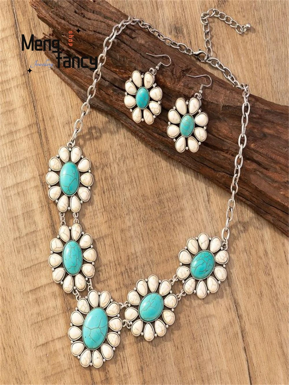 Natural Vintage Personalised Turquoise Flower Earrings Necklace Bohemian Ethnic Style Exquisite Fashion Jewellery Holiday Gifts