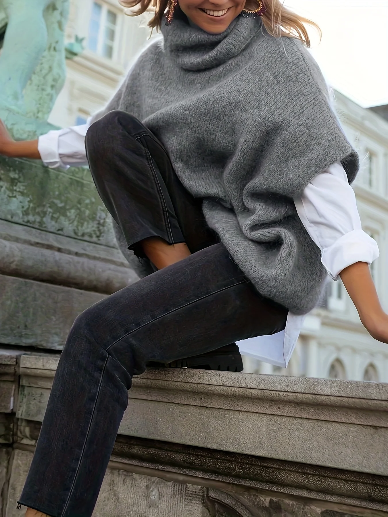

Women's Solid Color Gray Autumn and Winter European and American Fashion Solid Color High-Neck Comfortable Shawl Cape Knit Sweat