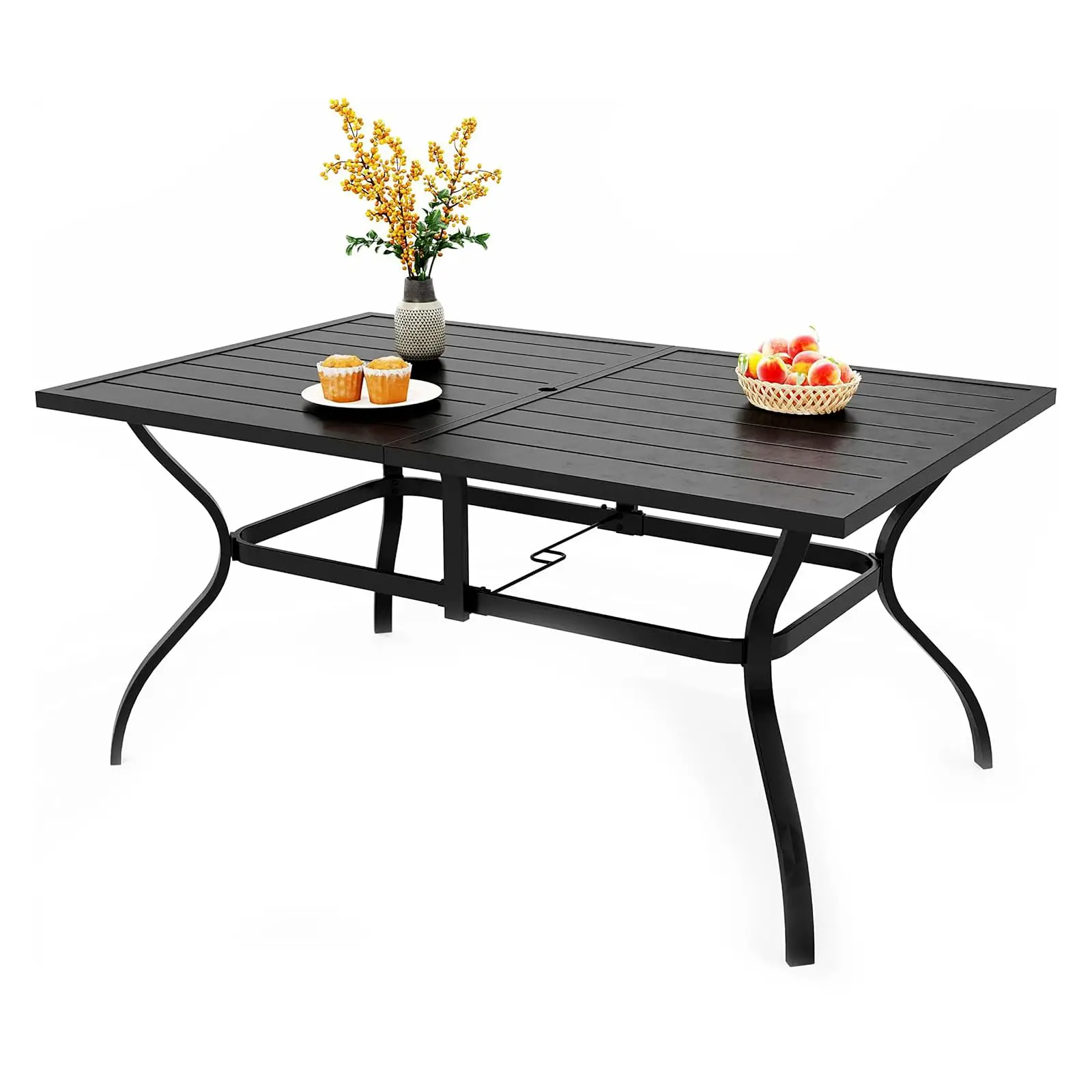 Patio Table for 6, Black Metal Dining Table w/Umbrella Hole | 60