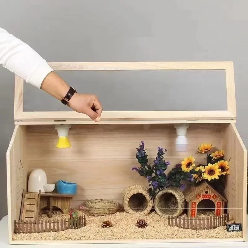 Wooden Hamster Cage Oblique Opening Small Animal House hedgehog house for Hamsters Degus Mice or Other Similar-Sized Pets