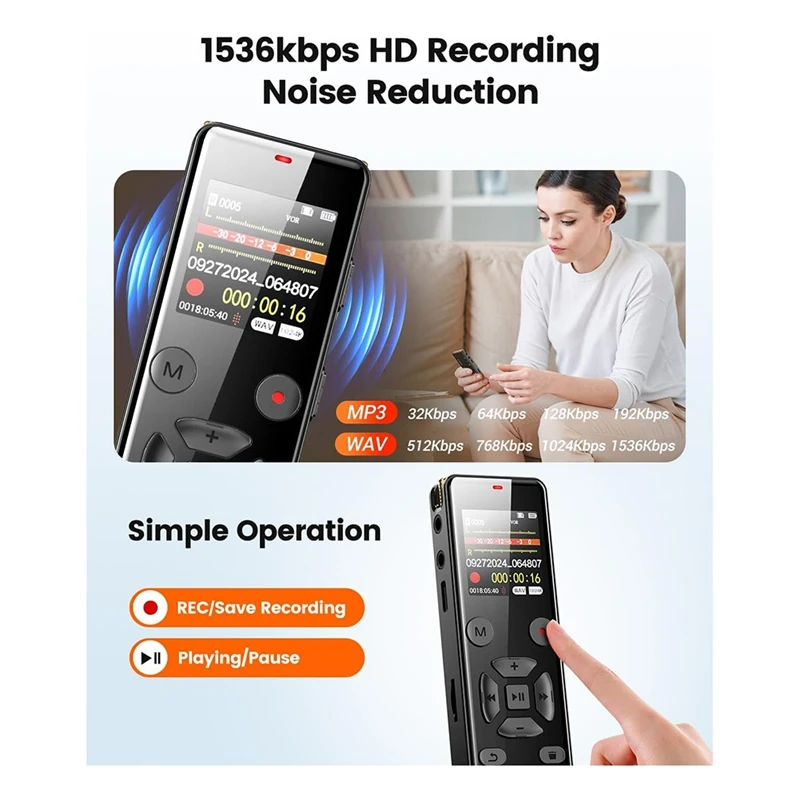 A39Q-72GB Digital Voice Activated Recorder With Playback, Audio Recorder Device With Wireless Microphone,Noise Reduction