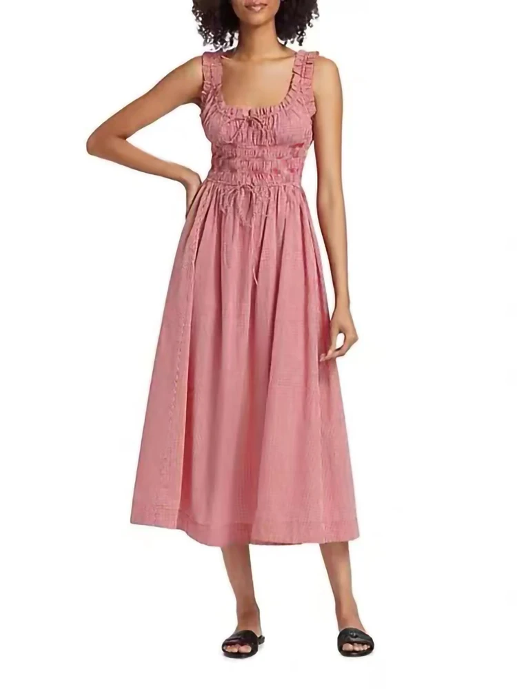 

Summer New 100% Cotton Fashion Red Plaid Tank Dress Women Ruffles Sleeveless A-Line High Waist Lace-Up Midi Dress Ladies 2024
