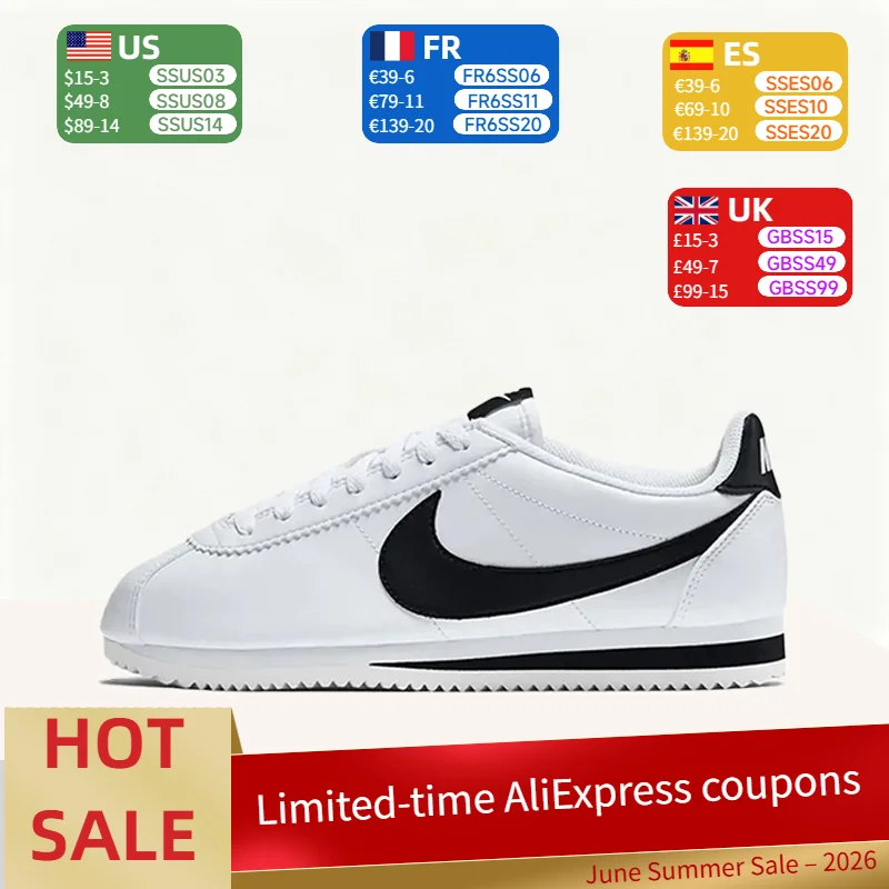 Nike Cortez Retro: Tênis de corrida feminino de cano baixo, antiderrapante, durável, leve e versátil, nas cores preto e branco 807471-101