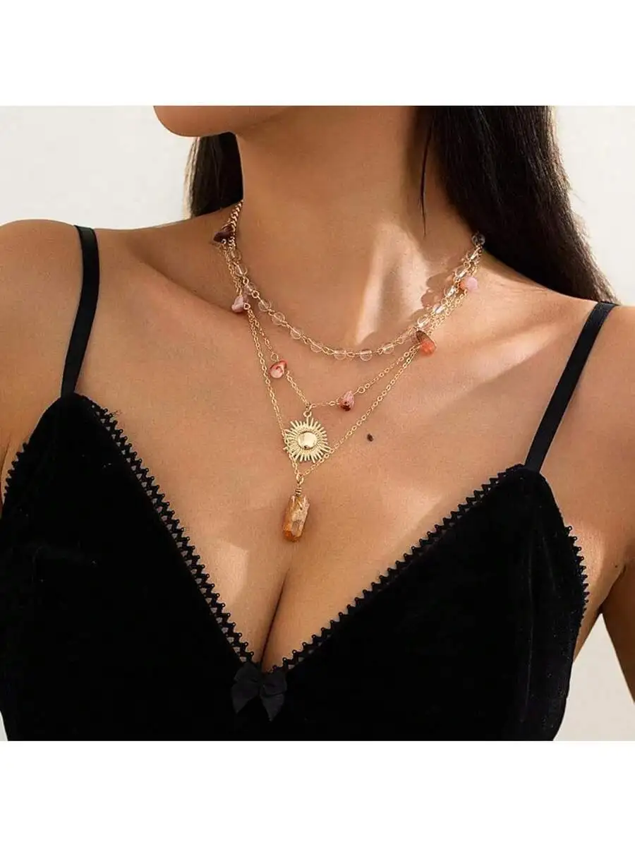 

Sunburst Pendant Layered Necklace Boho Vintage Statement Jewelry For Women