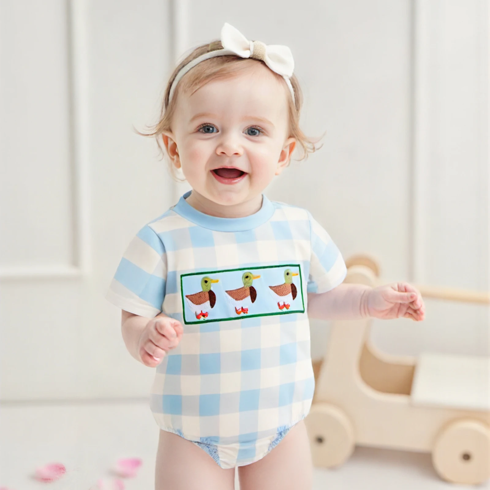 Baby Boys Girls Cute Rompers Short Sleeve Round Neck Duck Embroidery Checkered Print Bodysuit Playsuit Sunsuits