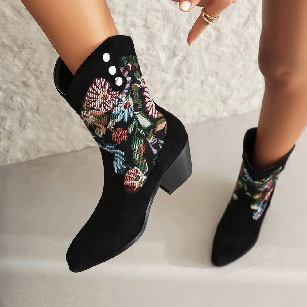 Ethnic Style Womens Boots Flower Totem Western Chunky Heel Ankle Boot Vintage Pointed Toe Slip On Casual Booties Shoes Feminina