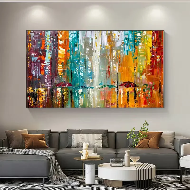 Vibrant Modern Abstract Cityscape Oil Painting - Frameless Wall Art with Bold Brushstrokes & Impasto Texture, Multicolor Urban L
