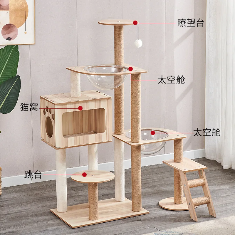 Large Cat Tree with Luxury Dual Space Capsule Cat Bed Multi Functional All in One Cat Climbing Tower for Cats