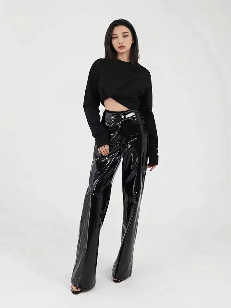 Women Shiny Patent Leather Wide Leg Pants High Waist Faux Latex Loose Straight Pants Gothic Ladies PVC Trousers Pocket Streetwea