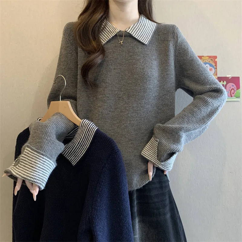 

Полосатый свитер с воротником с лацканами из двух предметов, женский французский ретро темпераментный трикотаж с длинными рукавами, стильный свободный пуловер, топы