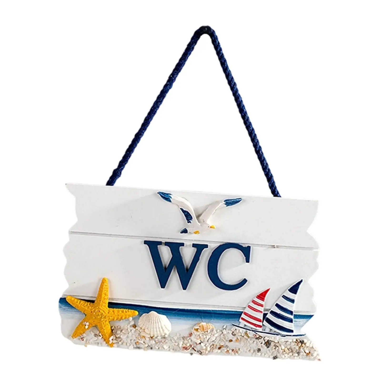 Removable Mediterranean WC Sign Board Fish Wall Decor for Door Hanging Restroom Home and Shop