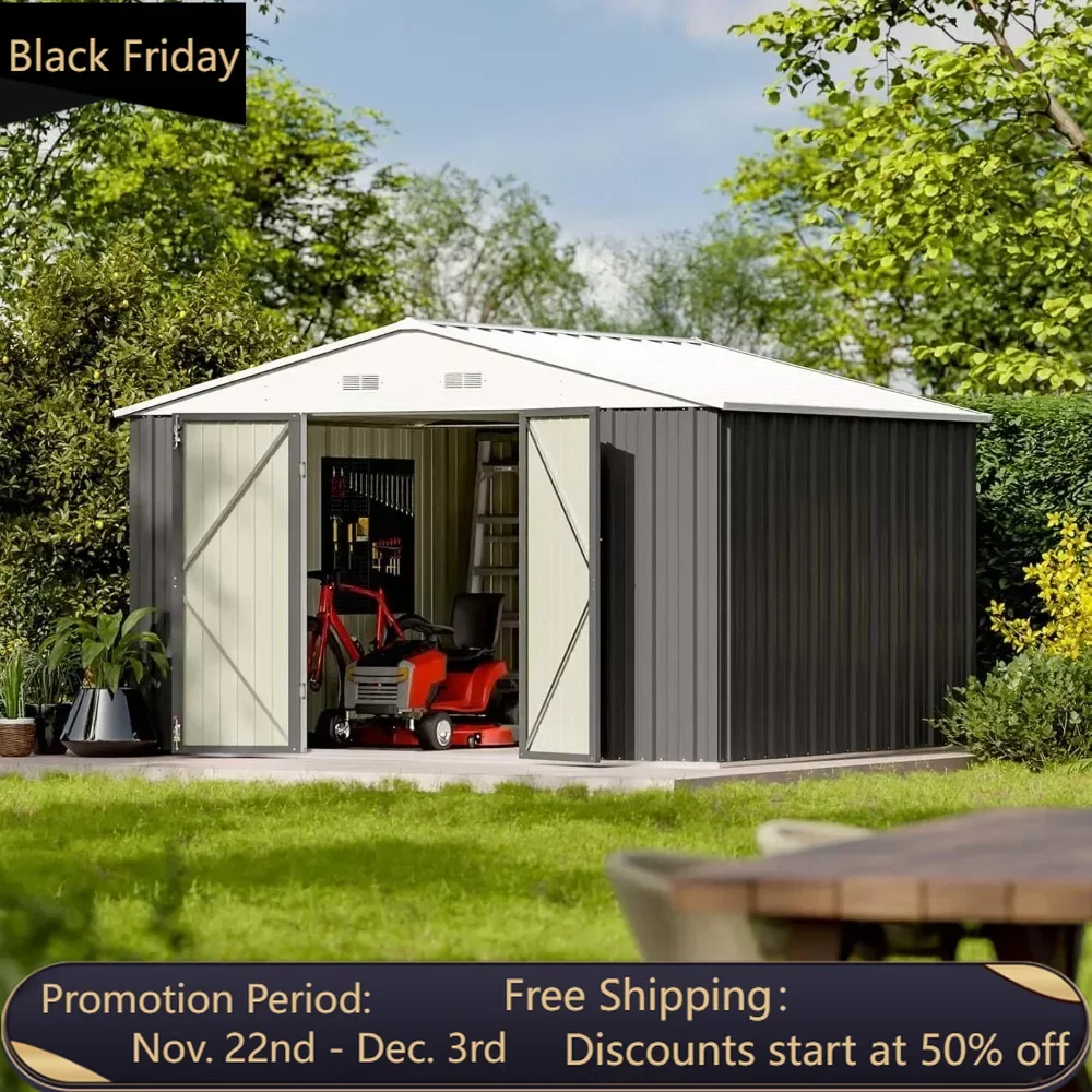 

10 x 8 FT outdoor storage shed, large metal shed for gardening tools, with sloping roof and double lock doors, grey