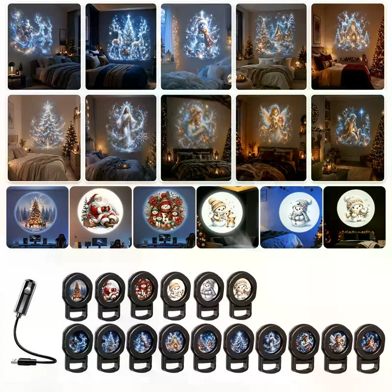 USB Christmas Projector Light 6/16 Patterns 360° Rotatable Santa Snowman Tree for Garden Patio Xmas Decor