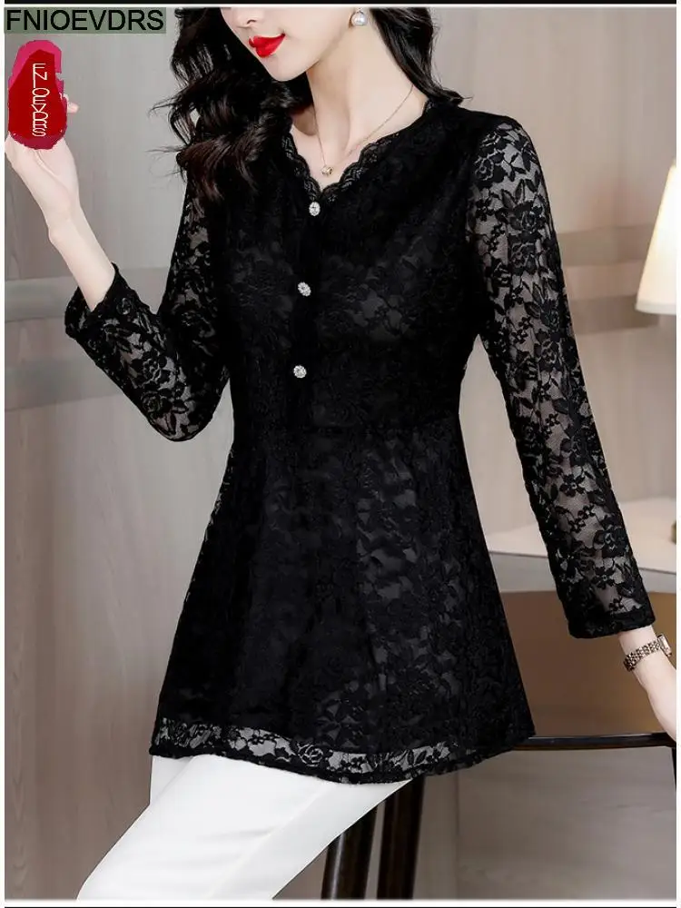 M-5XL 2023 Vrouwen Winter Lente Basic Zwart Kant Elegant Office Lady Losse Casual Ruches Tuniek Peplum Tops En Blouses