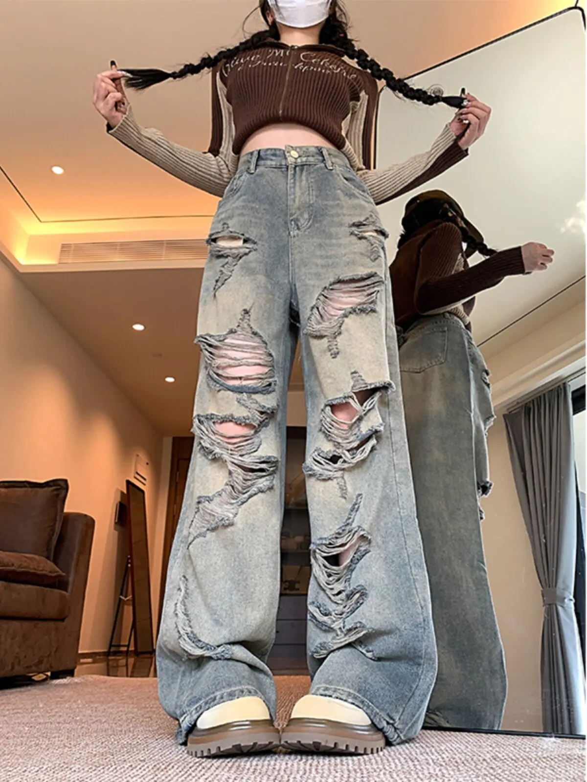 Retro American High Street Style Men's And Women's Loose Wide Leg Jeans with Hole Design Slimming Effect Long Floor-Length