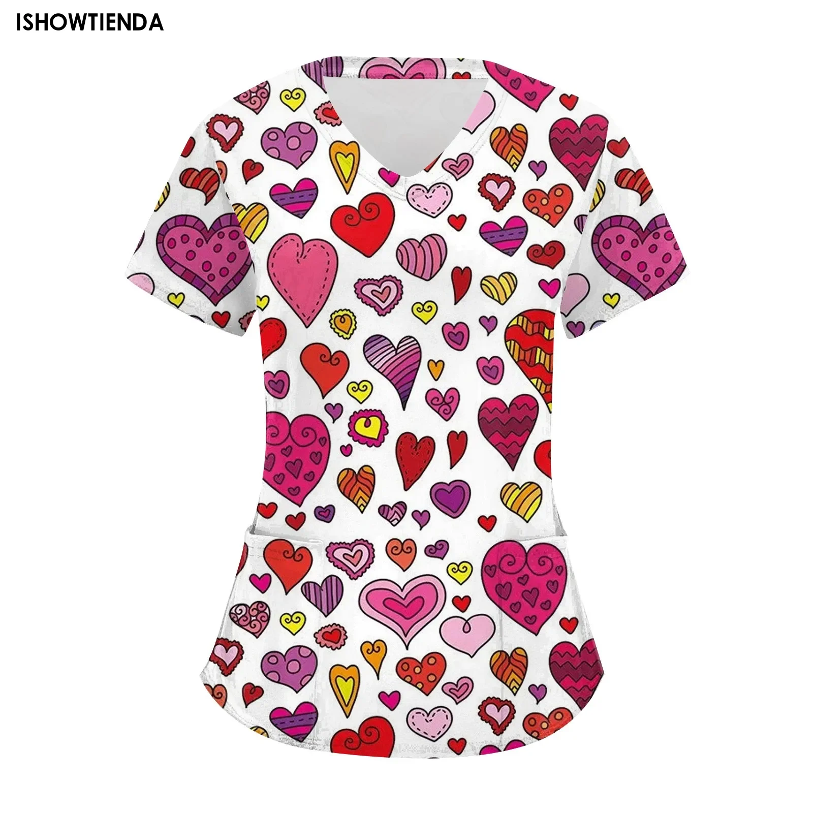 

Valentine Day Nurse Uniform Women Heart Love Print Medical Scrubs Working Short Sleeve Uniform Blouse Scrubs Nursing Working