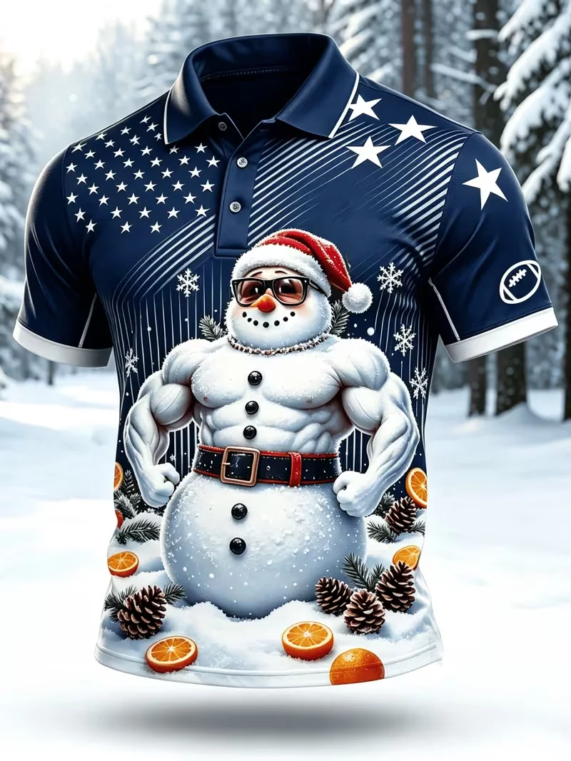 Funny Christmas Polo Shirt Santa Claus Snowflake Elf Pattern Holiday Shirt For Men Xmas Party Family Matching Outfit Gift