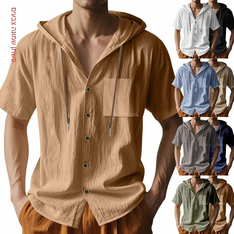 

Loose Casual Short Sleeve Men's Shirt Drawstring Pocket Open Cardigan Trendy Beach T-Shirt Comfortable Spring Fashion Clothing