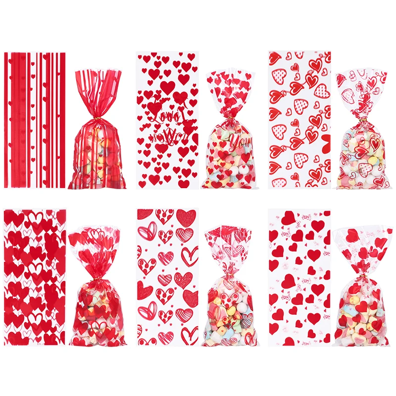 60pcs Heart Shape Transparent Gift Bags Love Plastic Candy Cookie Packaging Bags Wedding Valentine's Day Party Decor Supplies