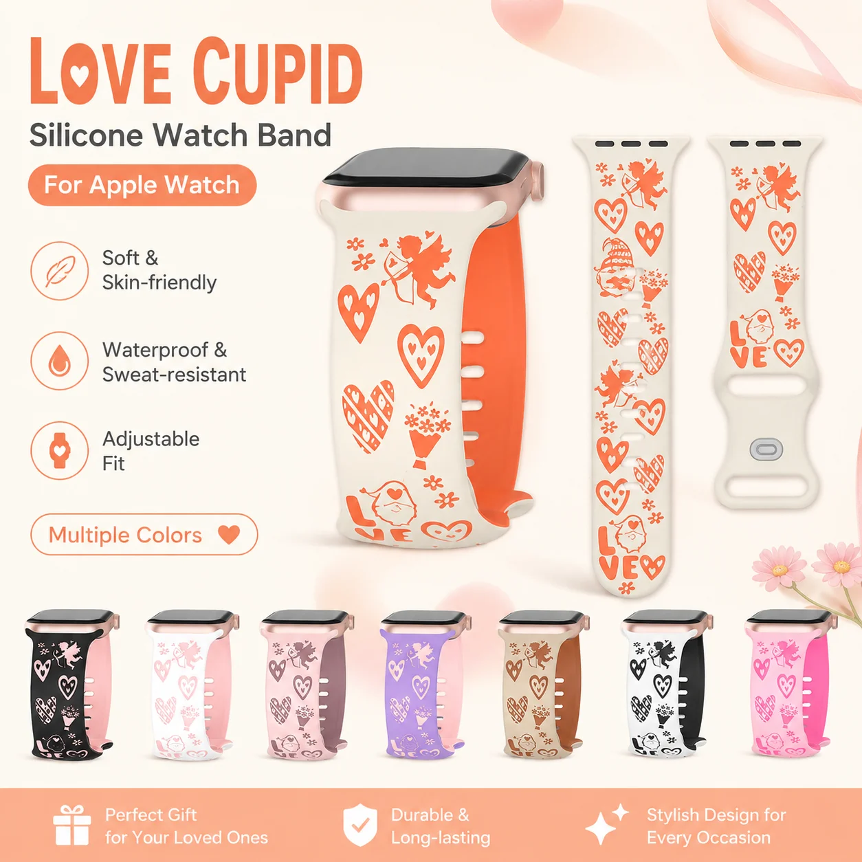 Weiches Uhrenarmband für Apple Watch 40/41/42/44/45/46/49 mm, bequemes Silikonarmband mit Herz-Engel-Motiv für Damen, für Serie 11 10 987 654
