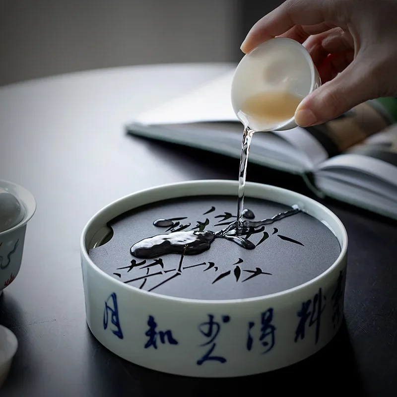 Plateau de service en céramique pour thé Kung Fu, style antique, motif poème de l'ombre sur bambou, avec couvercle en étain, pour infusion à sec et usage domestique