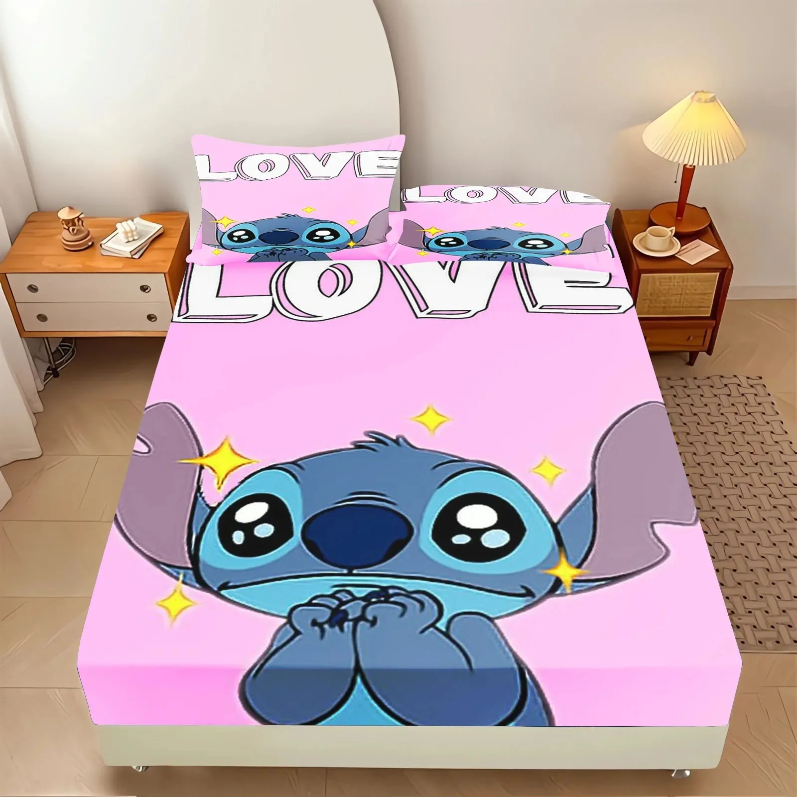 Stitch Bedding Set Fitted Sheet 3pcs,Disney Cartoon Printed With Pillowcase,Suitable For Children And Adults 3D Bedding