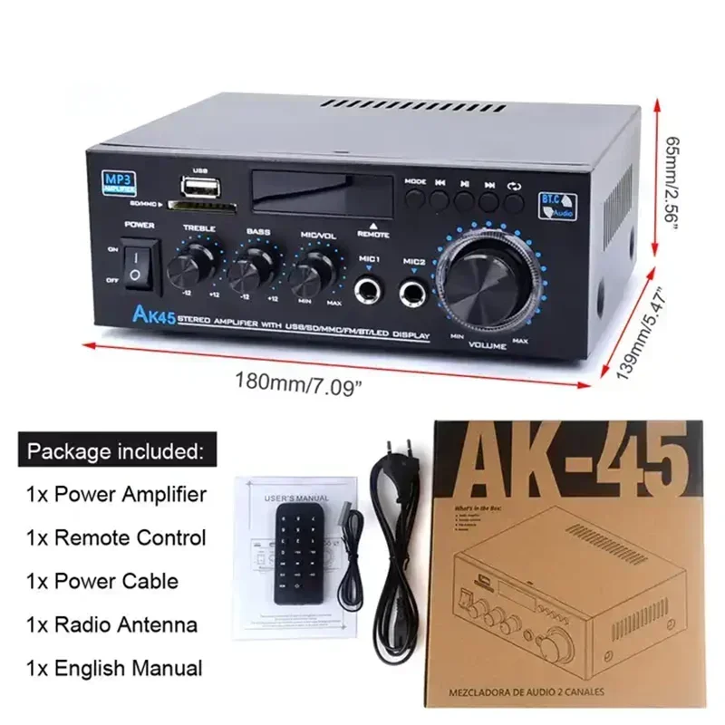 AK45-amplificadores digitales para el hogar, altavoz de Audio de graves, 2,0 canales, potencia BT, Hifi, FM, música, Subwoofer, entrada de micrófono, USB, SD, 80W