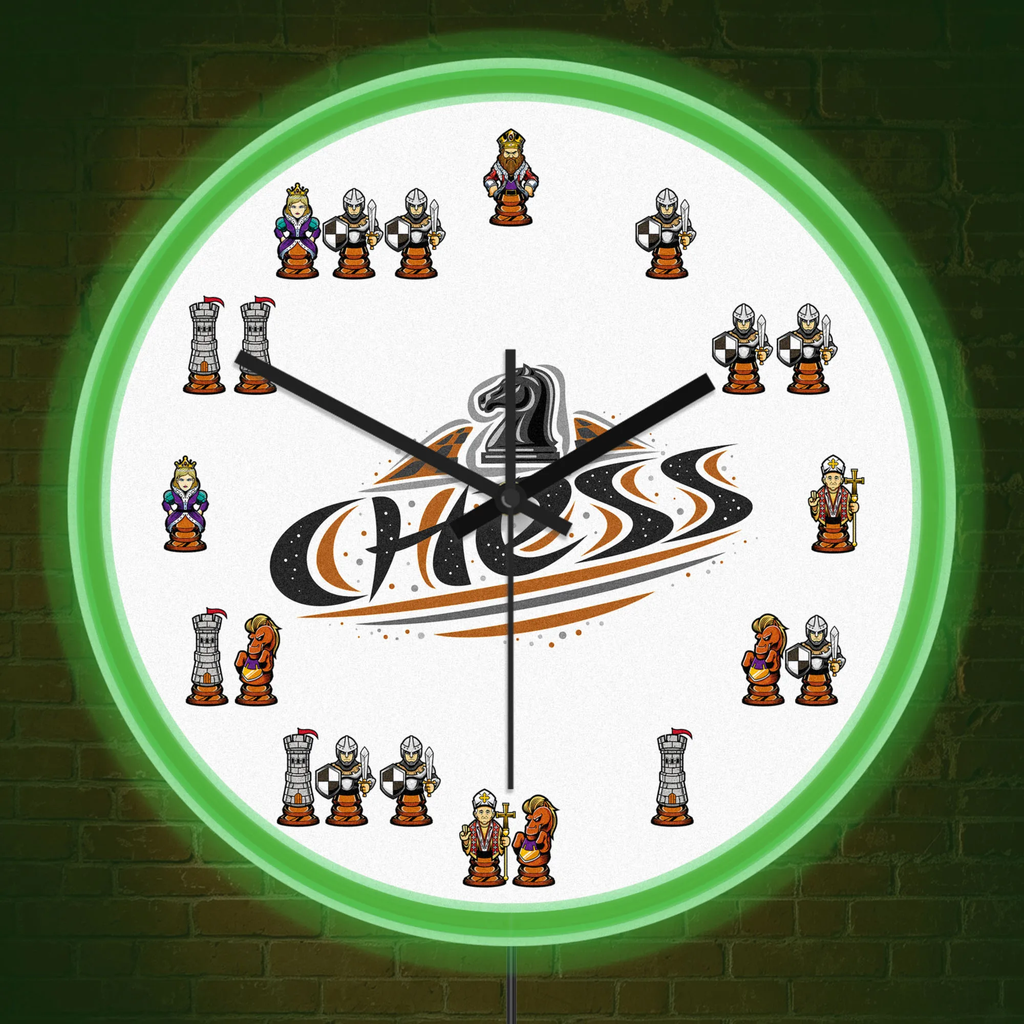 Chess Game Character Collection Neon Wall Clock Board Game Illuminated Sign Chess King Queen Knight LED Night Light Wall Clock