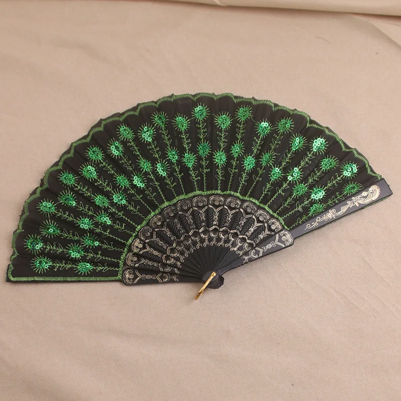 Sequin fan Embroidery fan Chinese style plastic folding fan peacock Foreign trade style multi-black rod sequin dance