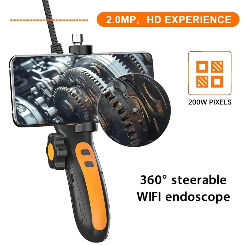 WlFl Endoscope 360Degree Steering Handheld Borescope 8.0mm 1m/1.5m Rigid Snake line With 8 Adjustable LED lights For Pipe Repair