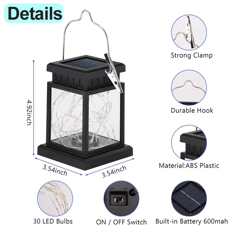 Outdoor Solar Lantern Lamp IP65 Waterproof Hanging LED Light Solar Atmosphere Lamp for Garden Yard Festival Home Festival Decor