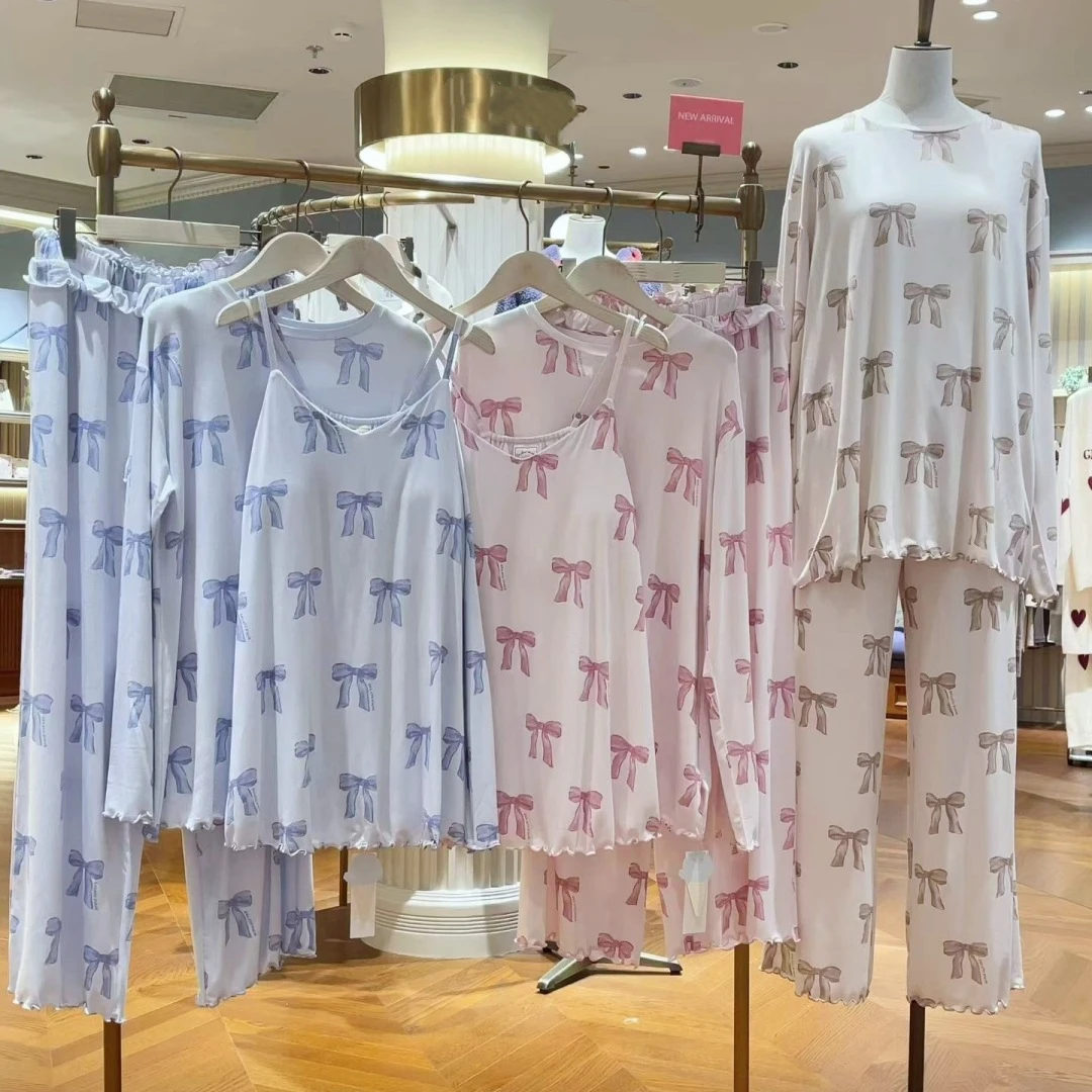 comfortablejapanese-style-pajamas-soft-modal-sleepwear-long-sleeve-straps-pants-home-clothes-suit-sweet-bow-print-loungewear