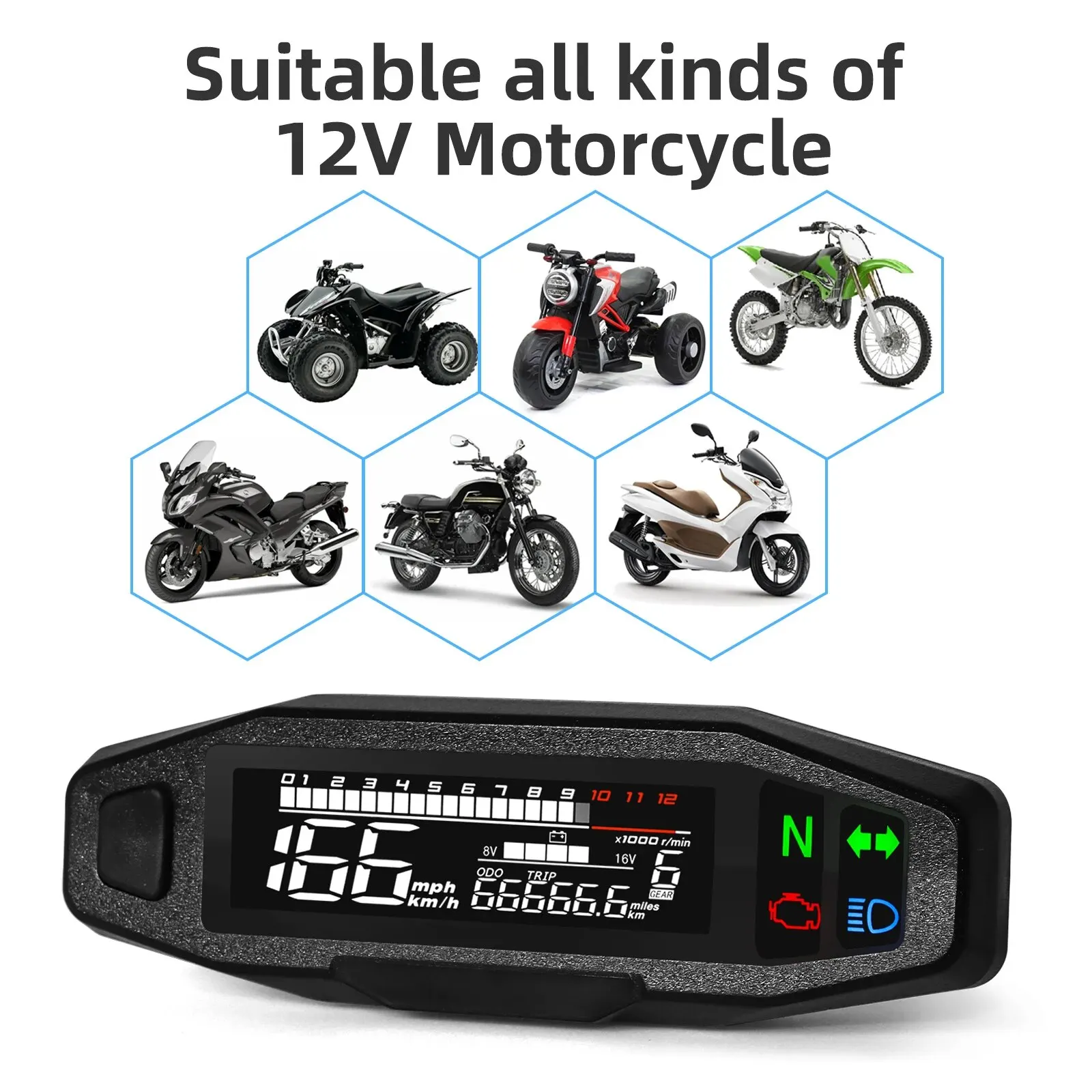 AD Universal Motorcycle Speedometer Digital Speed Meter LED Tachometer Dashboard Instrument Panel Meter LCD Display Y Bracket