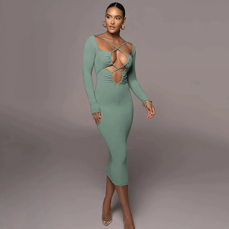 

2022 Autumn New Green Sexy Dresses Fashion Backless Women Stylish Bodycon Dress Female Knee-length Party Y2K Bandage Dress