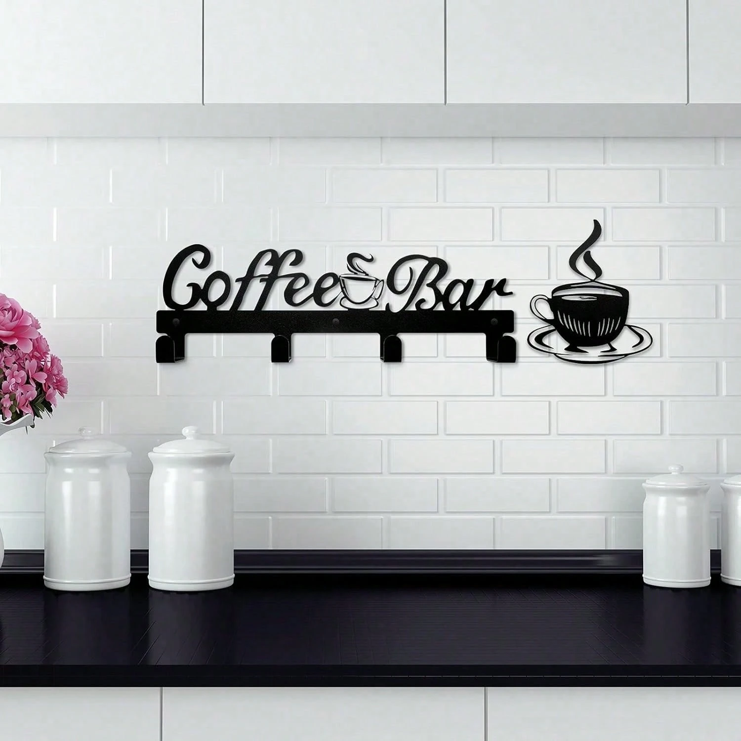 حامل منحوت على الحائط لكوب القهوة المعدني مكون من قطعتين - منظم رف الأكواب - ديكور بار القهوة - الهالوين، هدية عيد الميلاد