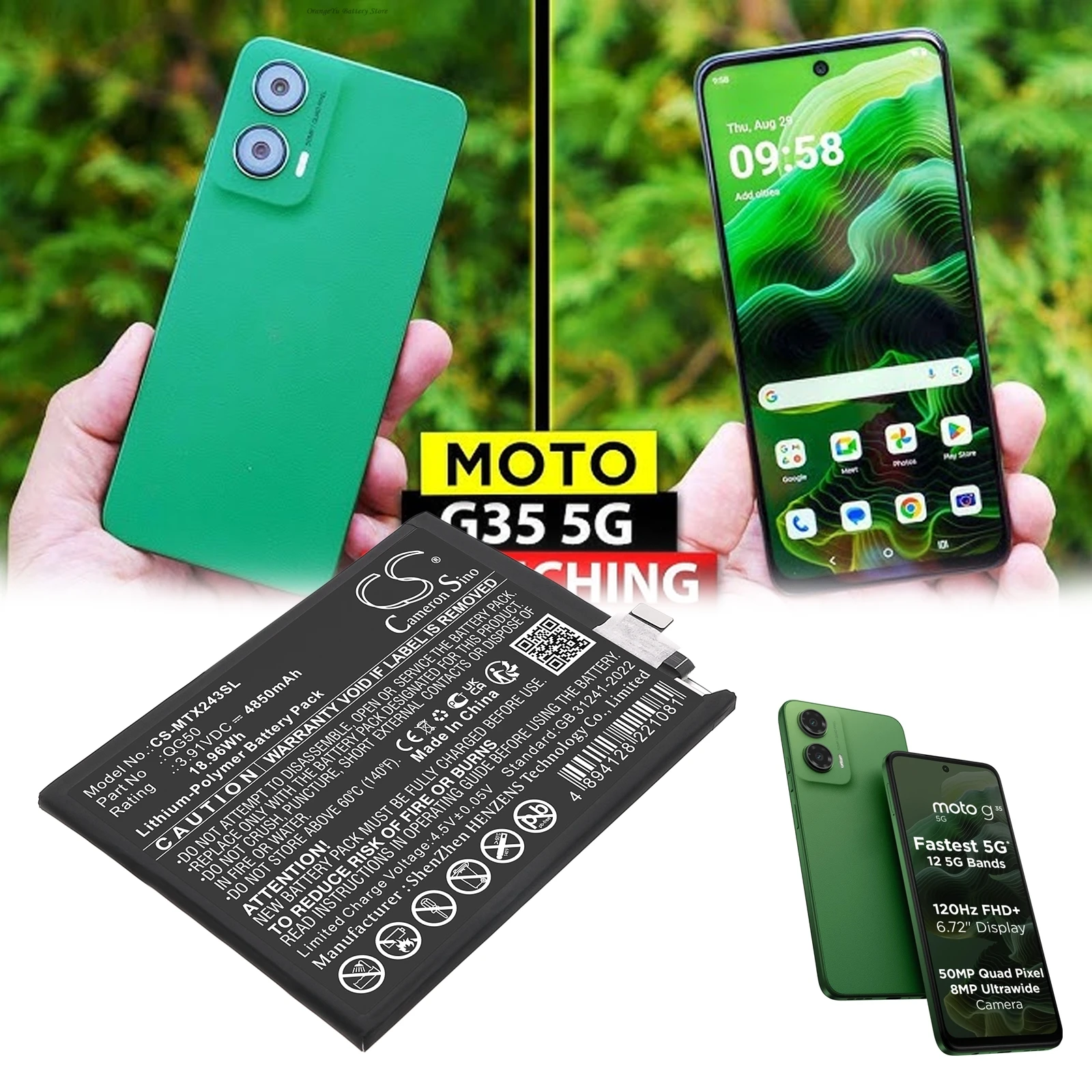 3.91V 4850mAh Battery QG50, SB18E21836, SB18E21837 for Motorola Moto G35 5G, XT2433-1, XT2433-2, XT2433-3, XT2433-4, XT2433-5